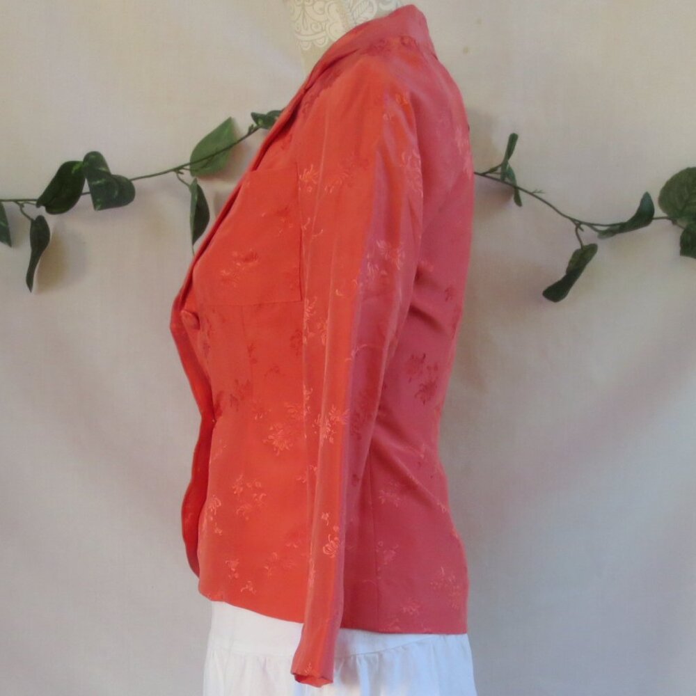 Vintage Jacket Coral Orange Fitted Dressy Asian Floral Brocade Blazer Size SP - Picture 6 of 10